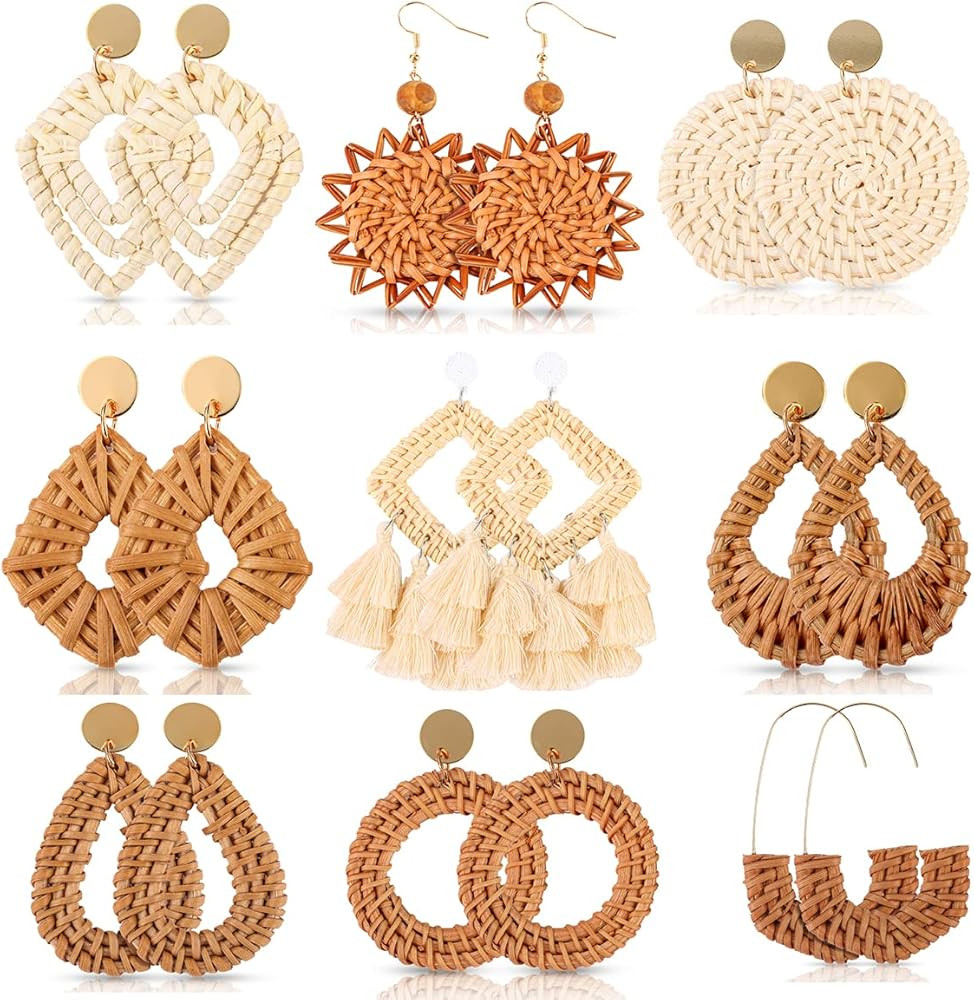 LANTAI 16 Pairs Trendy Acrylic Earrings Rattan Earrings for Women Girls-Summer Beach Straw Earrings  | Amazon (US)