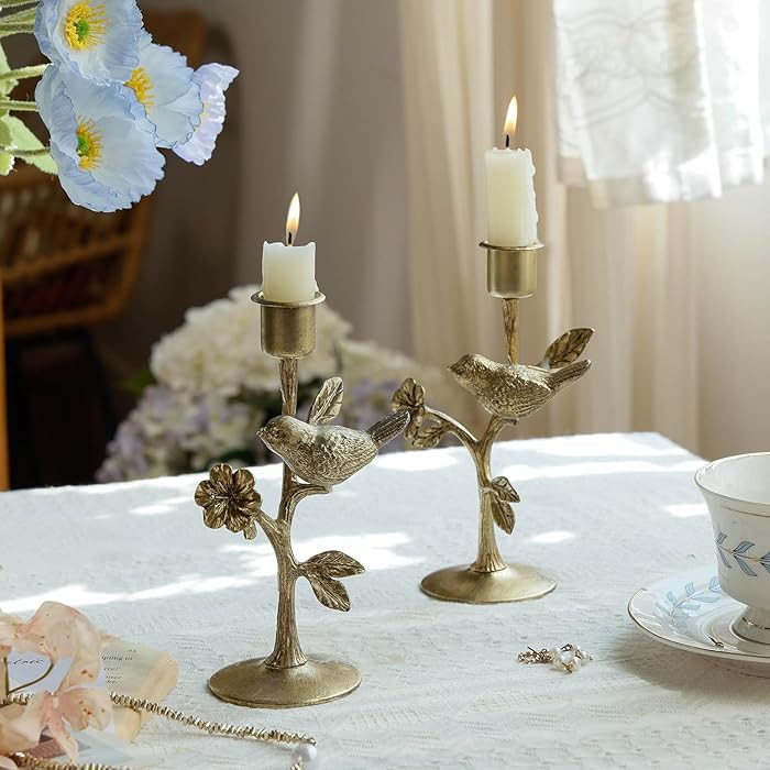NIKKY HOME Vintage Gold Taper Candle Holders Set of 2, Birds on Branch Elegant Metal Flowers Cand... | Amazon (US)