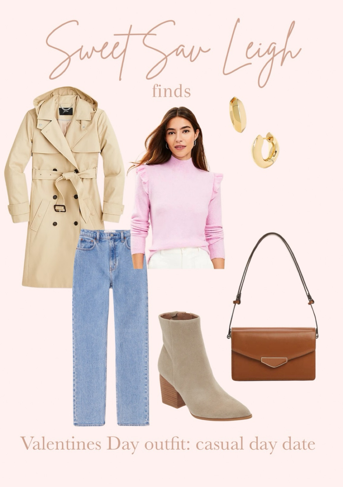 Valentine’s Day outfit idea: casual day date | trench coat, pink sweater, casual winter outfit,  nude booties, brown handbag,  brown purse, trench coat 

#LTKSeasonal #LTKstyletip #LTKfindsunder100