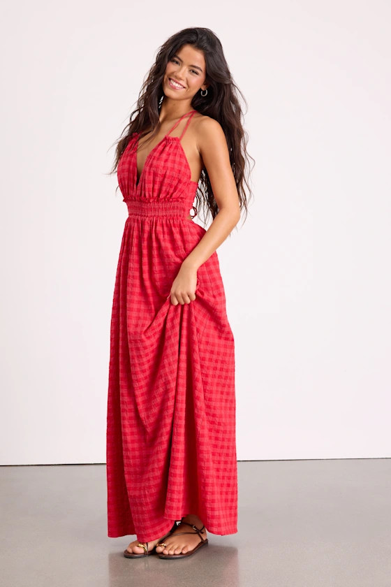 Tamilyn Red Gingham Lace-Up Maxi Dress | red maxi dress | concert outfit country  | Lulus