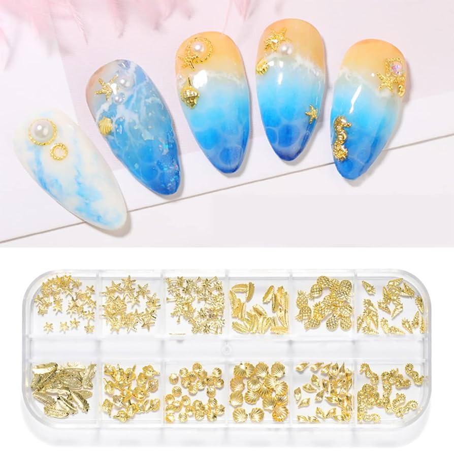 3D Gold Nail Studs Shell Metal Nail Art Charms Sparkle Mix Shapes Seashell Star Jewels Pineapple ... | Amazon (US)