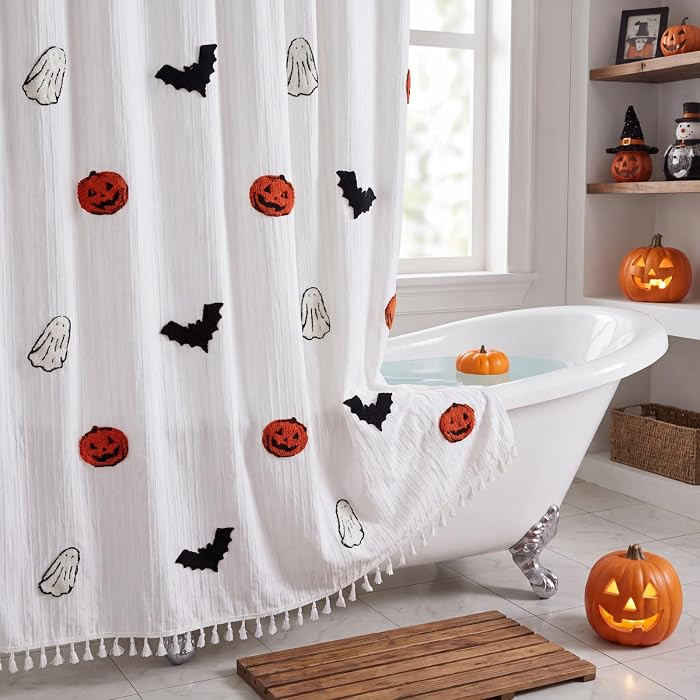 Halloween Ghost Shower Curtain, 72 x 72 Inch Cotton Spooky Cute Pumpkin Bat Shower Curtain with 1... | Amazon (US)