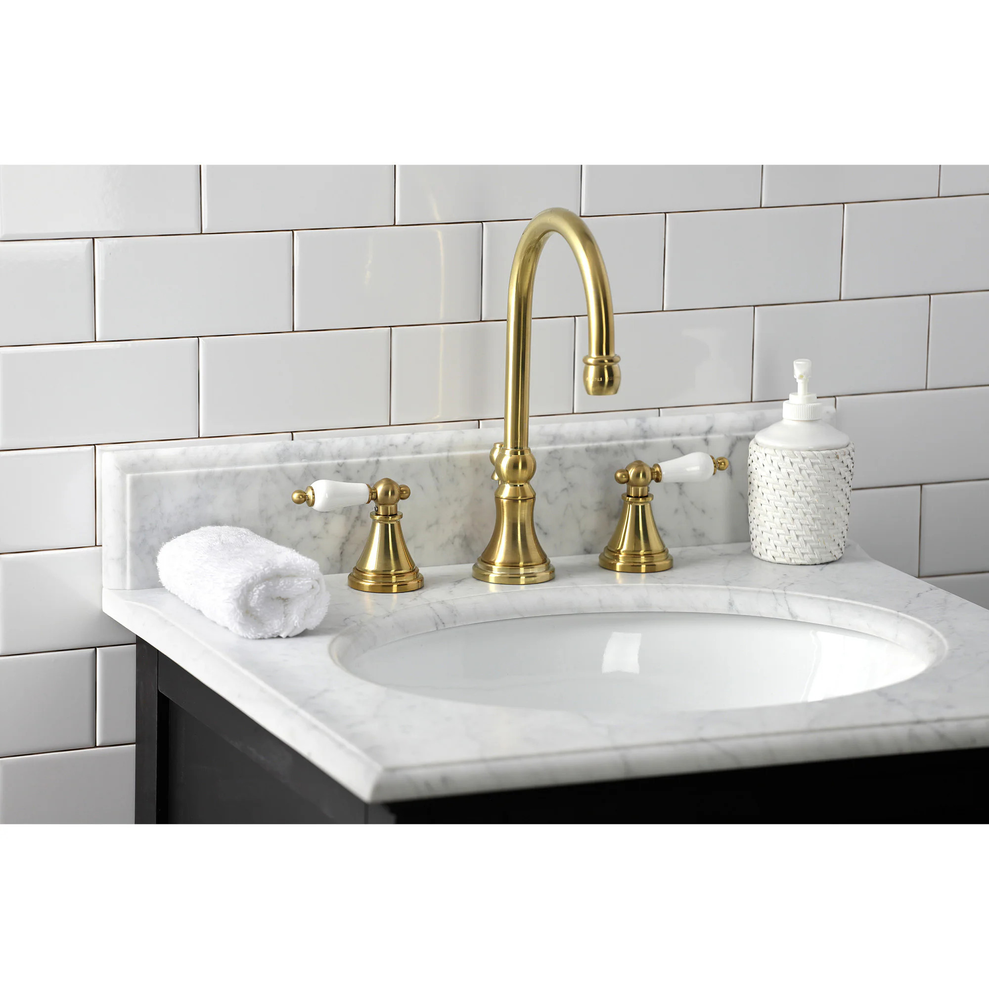 Kingston Brass Governor Brushed brass Widespread 2-handle High-arc Residential Handle Bathroom Sink Faucet with Drain | WLKS2987PL | Lowe's