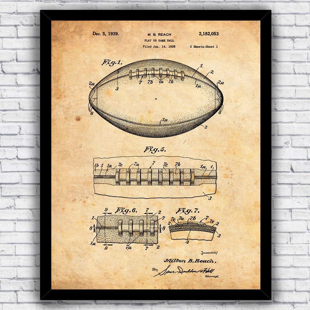 Football Game Ball Vintage Sports Patent Blueprint - Wall Art Print Decor - Size and Frame Option... | Etsy (US)
