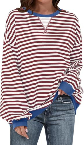 UEU Women Oversized Striped Color Block Crewneck Sweat Shirt Long Sleeve Sweatshirt Casual Fashion Pullover Y2K Shirt Coffee Striped Medium | Amazon (US)