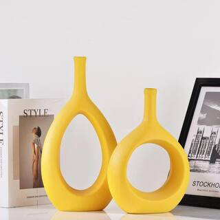 Yellow Ceramic Vase Set 2, Modern Hollow Circle with Hole Flower Vase for Home Decor | The Home Depot