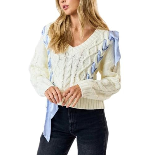 Women Cute Bow Knit Sweater Y2k Ribbon Bow Long Sleeve Knit Pullover Aesthetic Going Out Sweater Coquette Streetwear | Amazon (US)