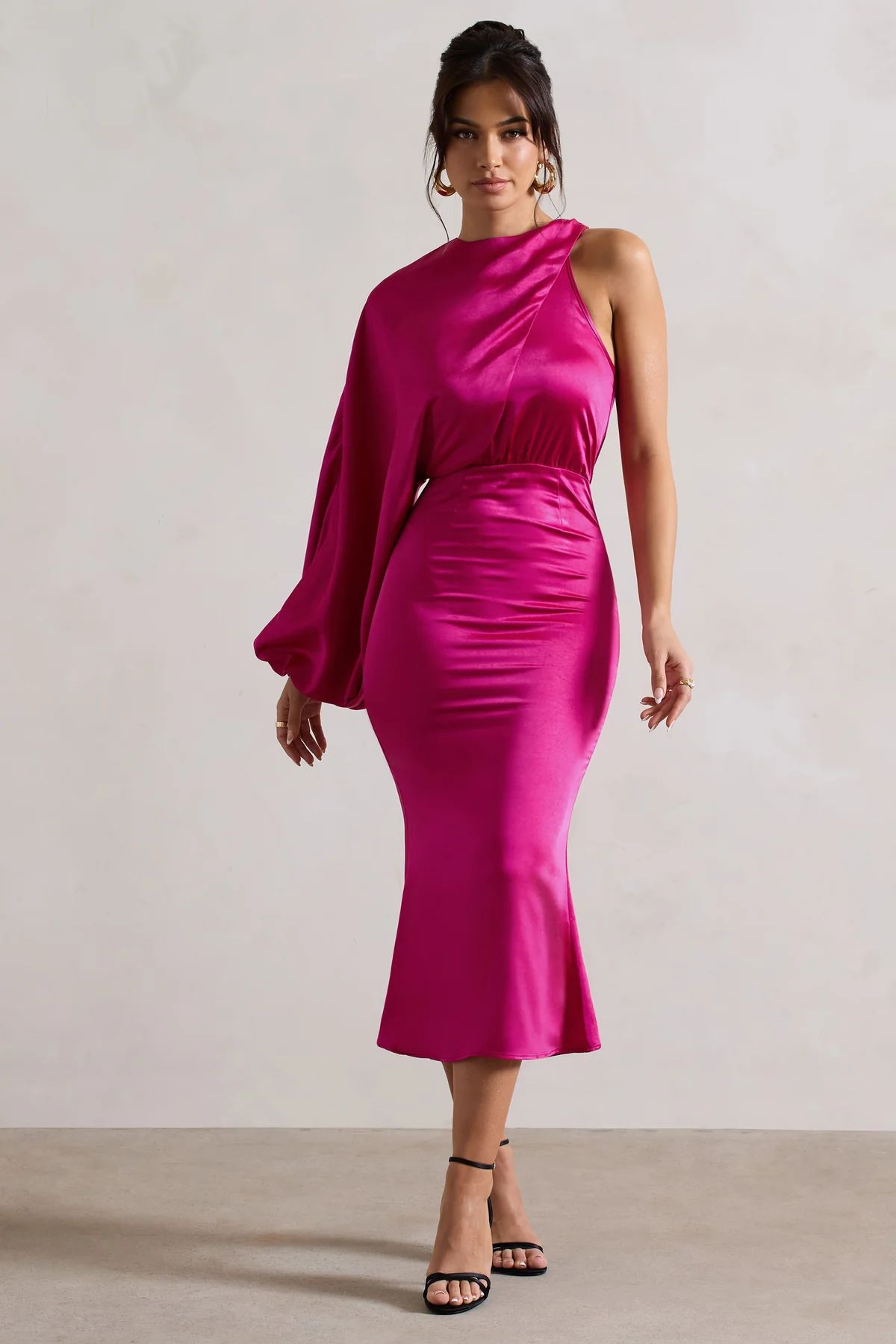 Nola | Dark Pink Satin One-Sleeve Midi Dress | Club L London