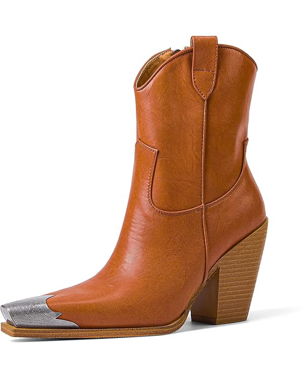 Womens Western Ankle Boots Engraved Metal Toe Cowgirl Booties Stacked Block Heeled Cowboy Boots F... | Amazon (US)
