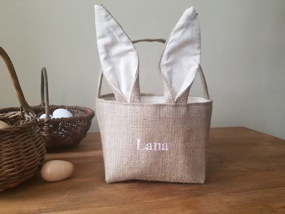 burlap bunny easter basket - embroidered - personalized - bunny ears - easter decoration - rabbit... | Etsy (US)