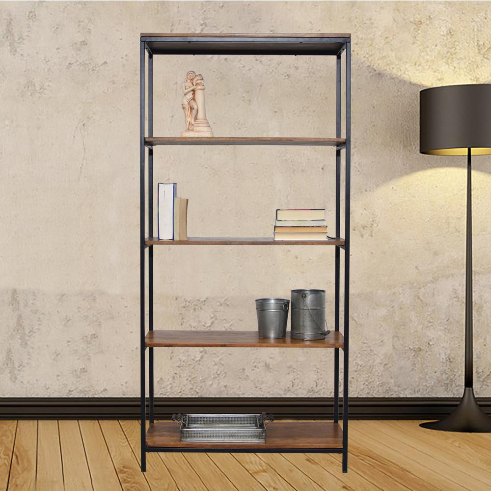 Carolina Cottage 72 in. Chestnut/Black Metal 5-shelf Etagere Bookcase with Open Back, Rich Chestnut  | The Home Depot