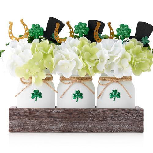 St Patricks Day Table Decor, Centerpieces for Tables, Mason Jar Table Centerpiece Decorations with Farmhouse Wood Tray, Artificial Flowers, Shamrock, Toothpicks, 22 Pcs St. Patrick's Day Decorations | Amazon (US)