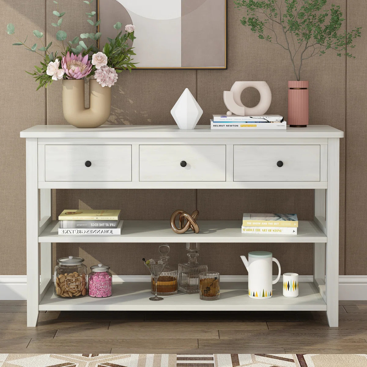 Nibbi 47" Console Table with Wood Frame and Legs, 3 Drawers and 2 Open Shelves Gray | Wayfair North America