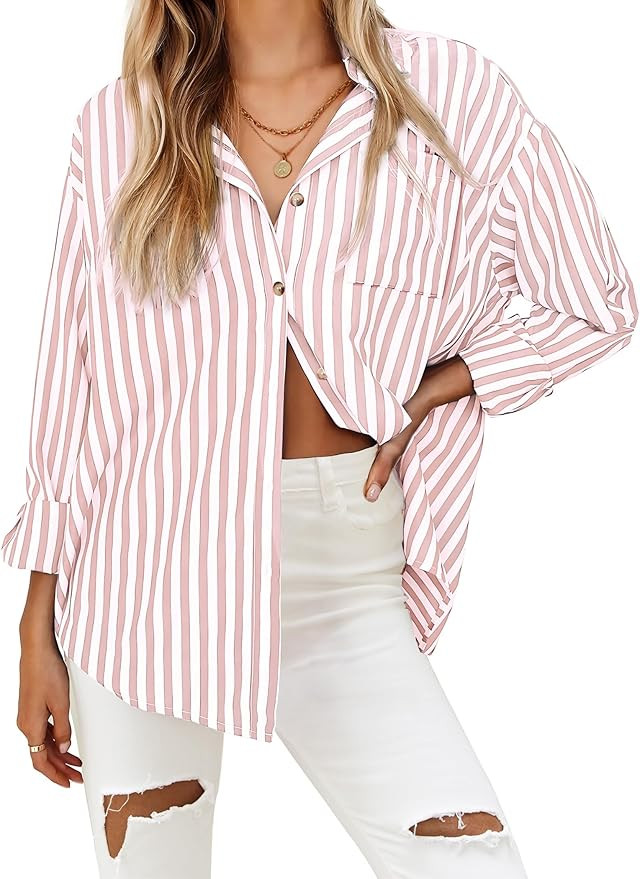 HOTOUCH Women's Striped Button Down Shirts Casual Long Sleeve Boyfriend Loose Collared Blouses To... | Amazon (US)