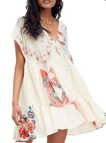 Women’s Boho Mini Dress Y2k Floral Print Deep V-Neck Puff Sleeve Short Dress 2025 Summer Loose ... | Amazon (US)
