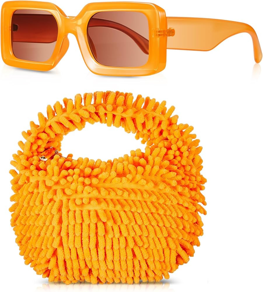 Y2k Fuzzy Orange Purse and Orange Sunglasses for Women Cute Plush Fluffy Tote Bag Square Retro Su... | Amazon (US)