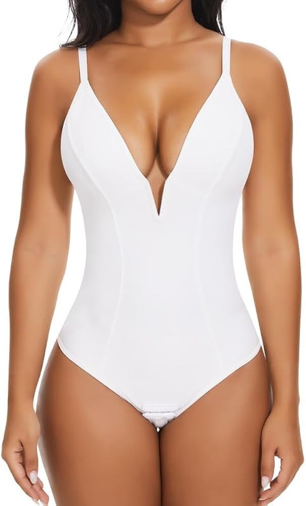 SHAPERIN Women's Deep V Neck Bodysuit Double Lined Plunge Tummy Control Shapewear Thong Body Suit... | Amazon (CA)