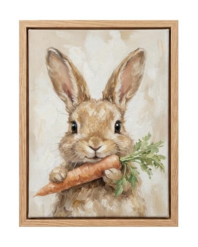 Easter Bunny Wall Art Framed Canvas 12x16 Inch – Vintage Oil Painting Style Rabbit Holding Carrot – Neutral Cottagecore Farmhouse Spring Wall Decor for Living Room, Bedroom or Entryway | Amazon (US)
