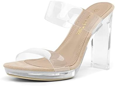 DREAM PAIRS Women's Clear Two Strap Open Toe High Block Chunky Slip on Dress Heel Sandals | Amazon (US)