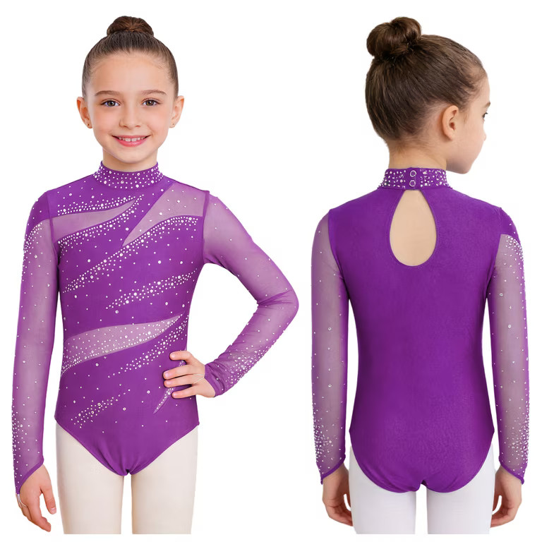 Eandarui Kids Girls Shiny Rhinestones Mesh Long Sleeve Gymnastic Leotard Ballet Dance Bodysuit Su... | Walmart (US)