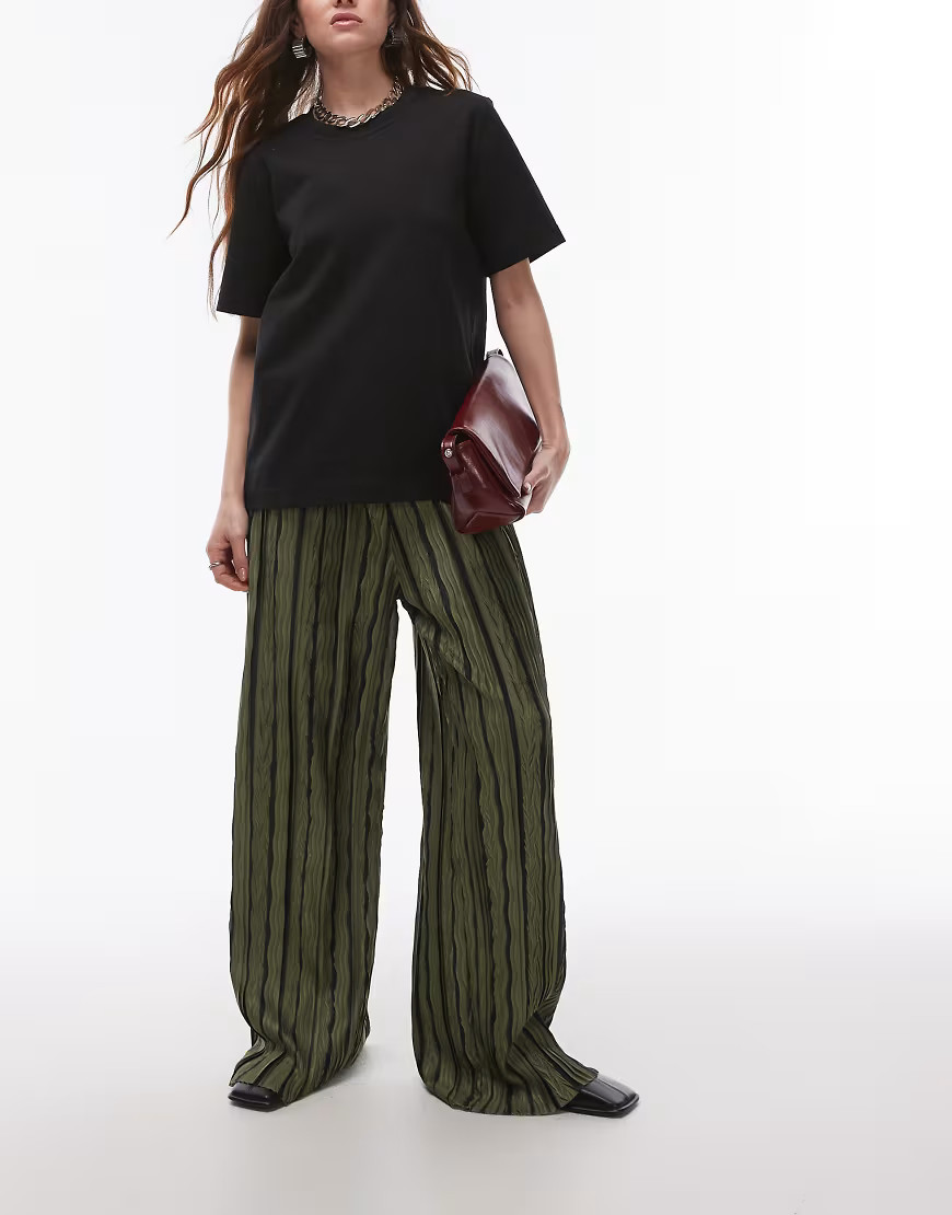 Topshop stripe plisse wide leg trousers in green | ASOS (Global)