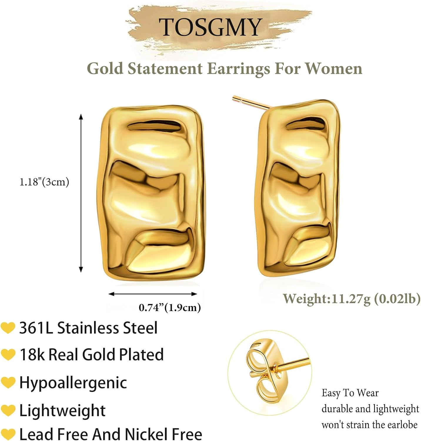 TOSGMY Chunky Gold Rectangle Stud Earrings For Women, Gold statement Earrings Dainty Thick Stud E... | Amazon (US)