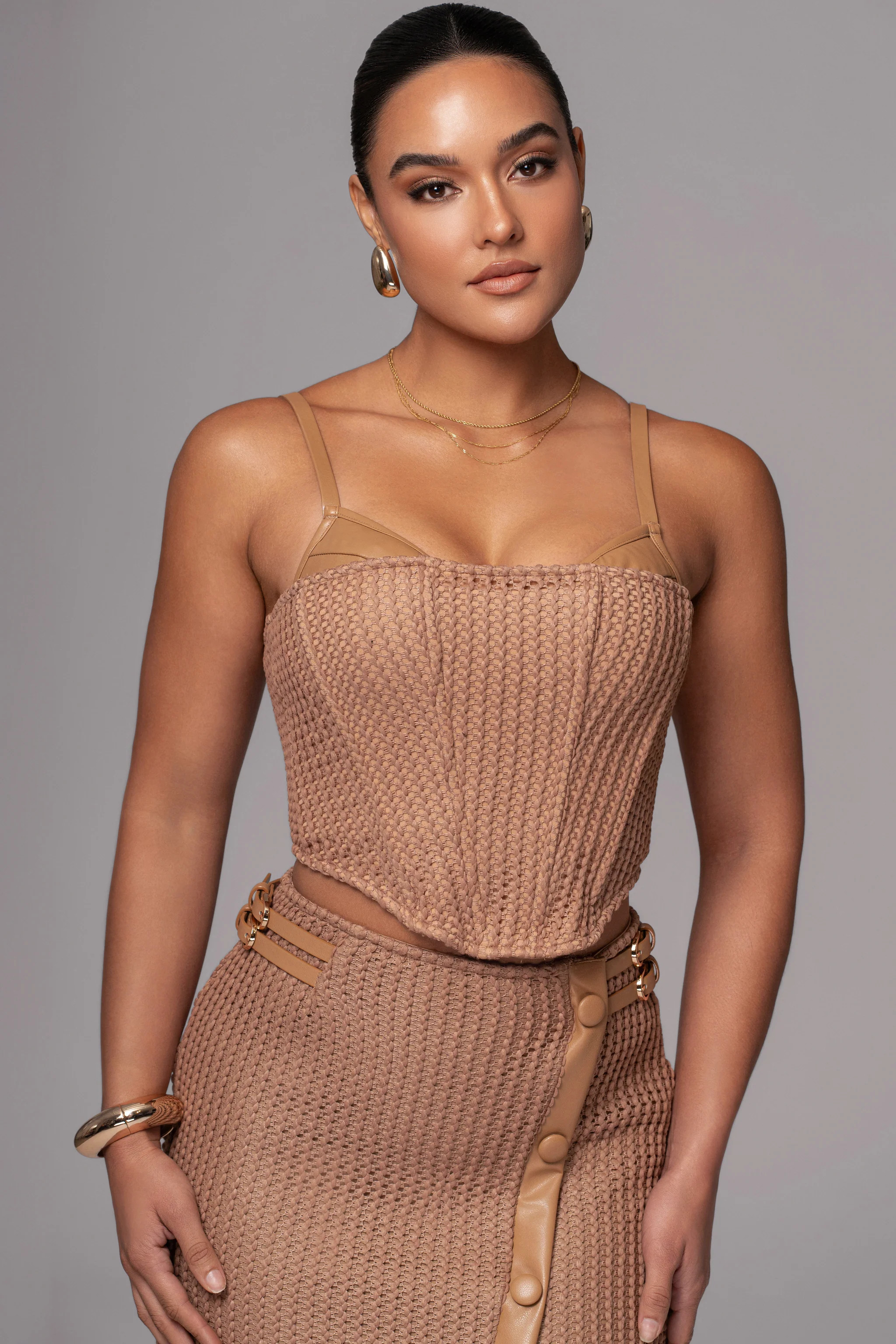 Tan Textured Harley Corset Top | JLUXLABEL US