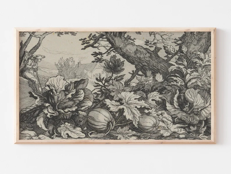 Samsung Frame TV Art | Vintage Fall Pumpkin Etching | Muted Colors | Farmhouse Sketch | Black & W... | Etsy (US)