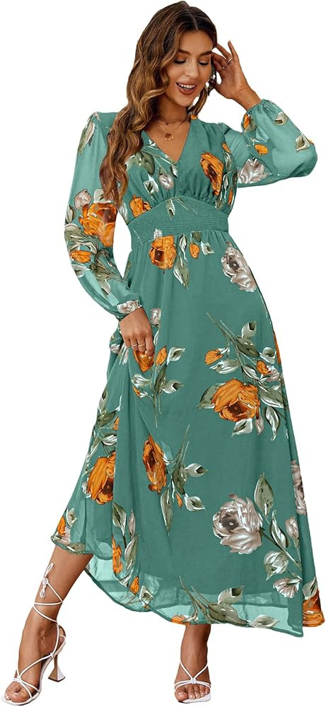 Simplee Women's Boho Floral Maxi Dress Flowy Casual V Neck Short Sleeve Wedding Guest Holiday Bea... | Amazon (US)