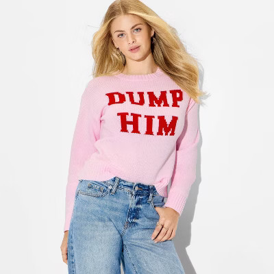 Women's Crewneck Pullover Sweater - Wild Fable™ Pink Quote XXS | Target