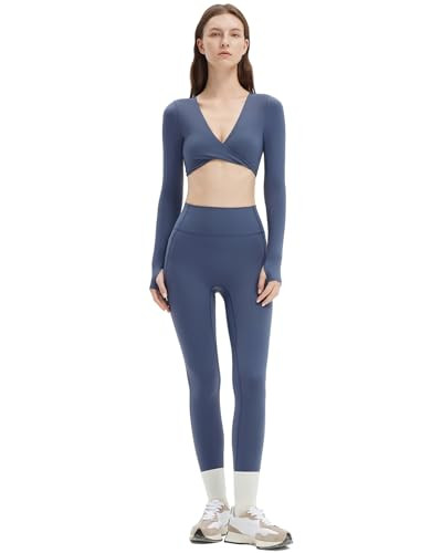SUUKSESS Women 2 Piece Workout Sets Long Sleeve Twist Deep V Crop Padded Tops Yoga Leggings with ... | Amazon (US)