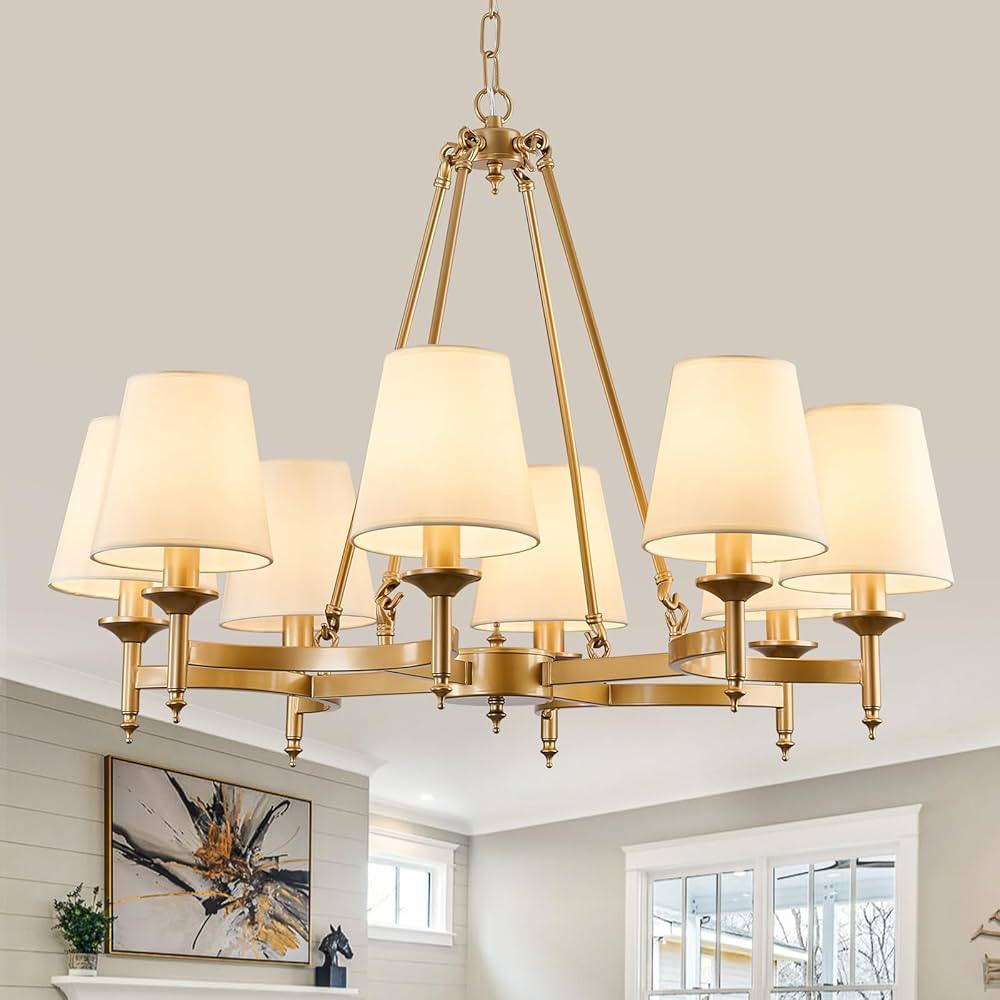 29.9inch 8-Light Gold Chandelier with White Linen Fabric Shade Large Farmhouse Ceiling Light Fixt... | Amazon (US)