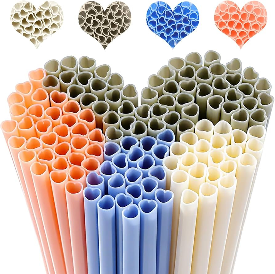 Zopeal 100 Pieces Heart Shaped Pink Straws Individually Cute Drinking Plastic Straws for Valentin... | Amazon (US)