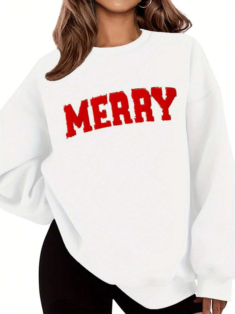 LETSEE Christmas Sweatshirts For Women Merry Chenille Patch Crewneck Oversized Fleece Pullover Xm... | SHEIN