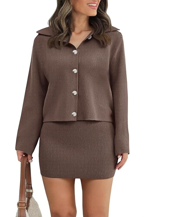 Saodimallsu Womens 2 Piece Sweater Skirt Sets Long Sleeve Collared Button Cardigan Knit Mini Skir... | Amazon (US)