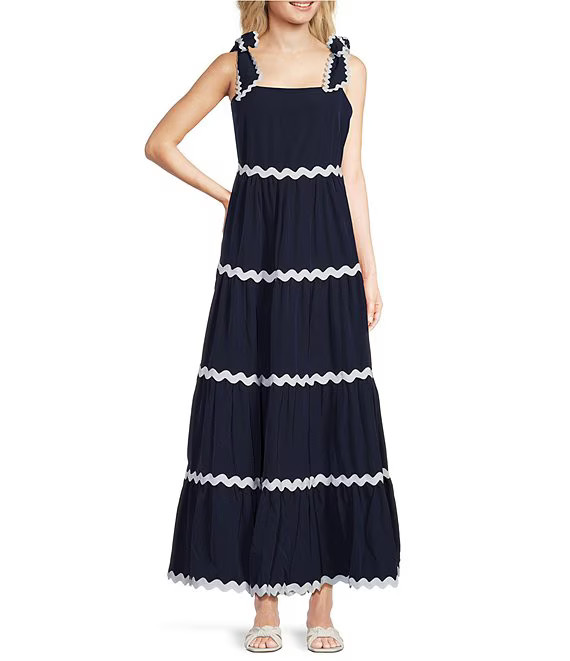 SAIL to SABLE x Style Charade Square Neck Tie Shoulder Strap Scallop Frame Maxi A-Line Dress | Di... | Dillard's
