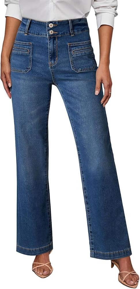 Sidefeel Women's Wide Leg Jeans High Waisted Tummy Control Stretchy Pockets Front Straight Leg Je... | Amazon (US)