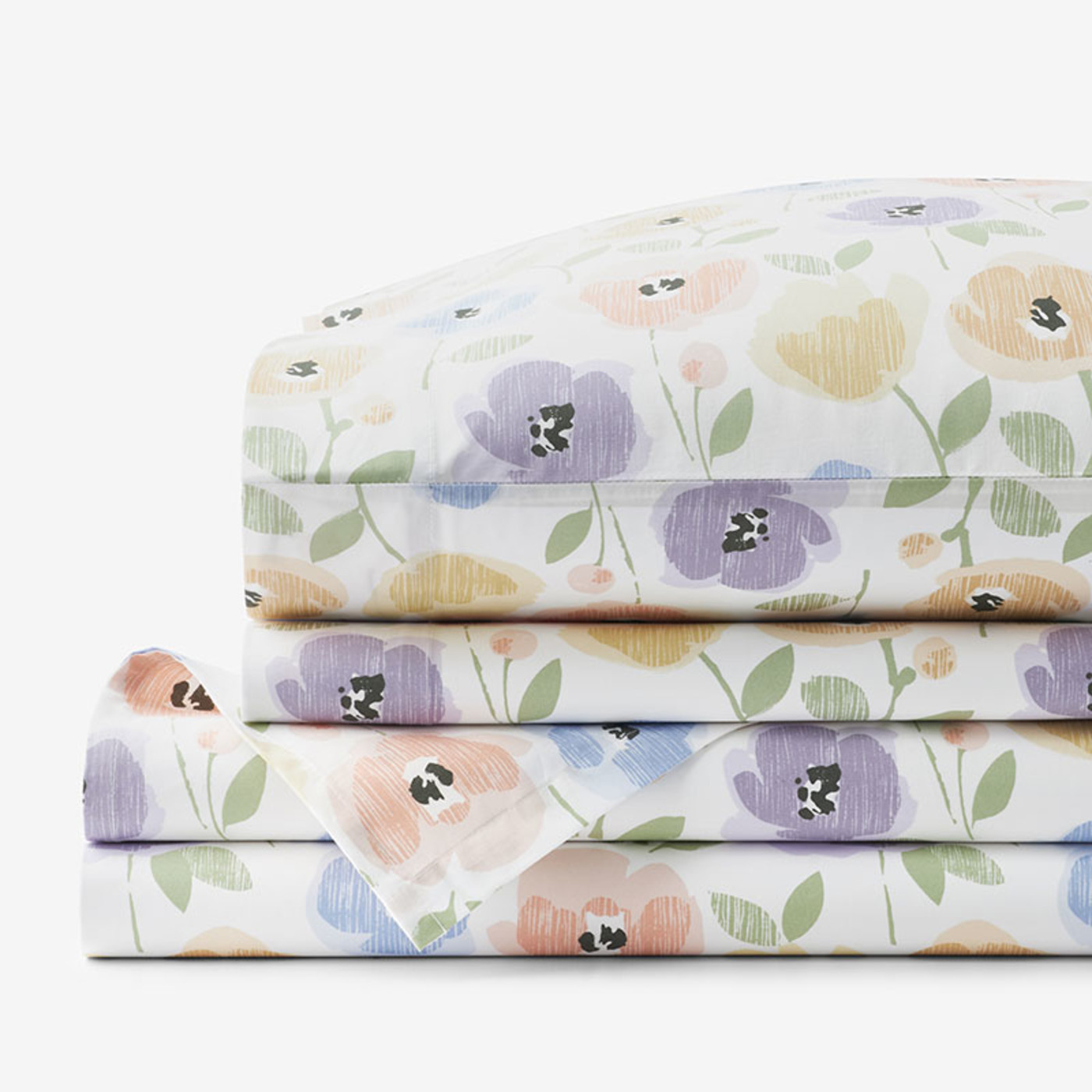 Pastel Poppies Classic Cool Organic Cotton Percale Bed Sheet Set - White Multi, Twin | The Company Store