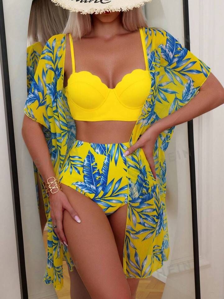 SHEIN Swim Tropical Print Push Up Bikini Swimsuit With Kimono | SHEIN