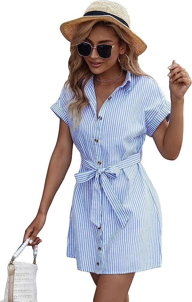Cozyease Women's Striped Print Belted Shirt Dress Button Front Short Sleeve Mini Dresses | Amazon (US)