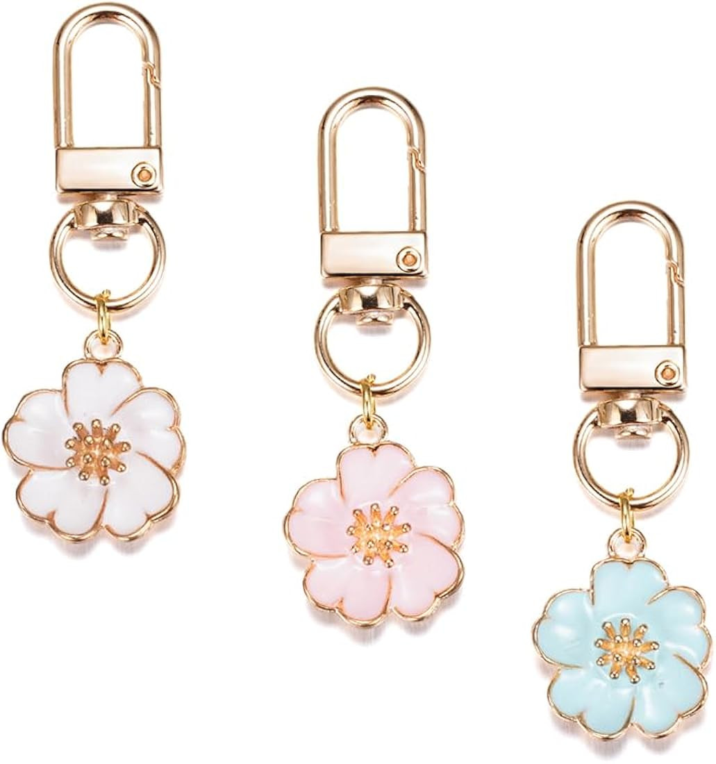 Camellia Flower Keychain 3pcs Set Mini Blue Pink White Flower Key Chain for Women Bag Charm | Amazon (US)