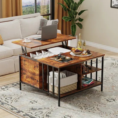 Lift-Top Coffee Table with Storage – Steel-Wood Combination, Adjustable Feet, Hidden Compartment & Side Drawer. | Wayfair North America