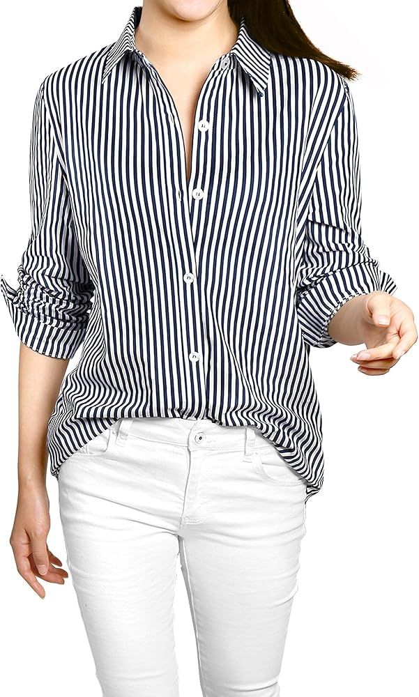 Allegra K Women's Striped Button Down 2024 Spring Point Collar Roll-up Long Sleeve Shirt | Amazon (US)