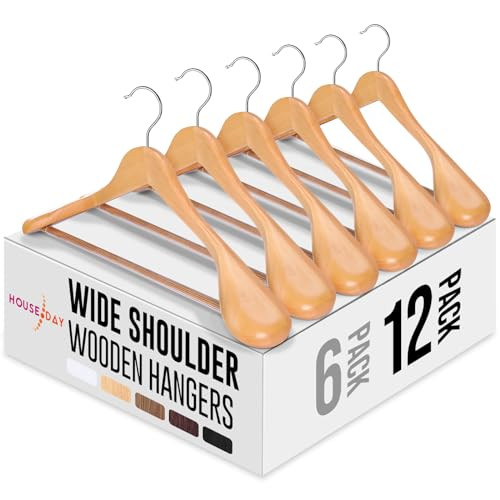 HOUSE DAY Wide Shoulder Wooden Hangers 12 Pack, Wood Suit Hangers for Men with Non Slip Pants Bar, Smooth Finish Solid Wood Coat Hangers for Jacket, Pants, Dress, Heavy Clothes Hangers (Natural) | Amazon (US)