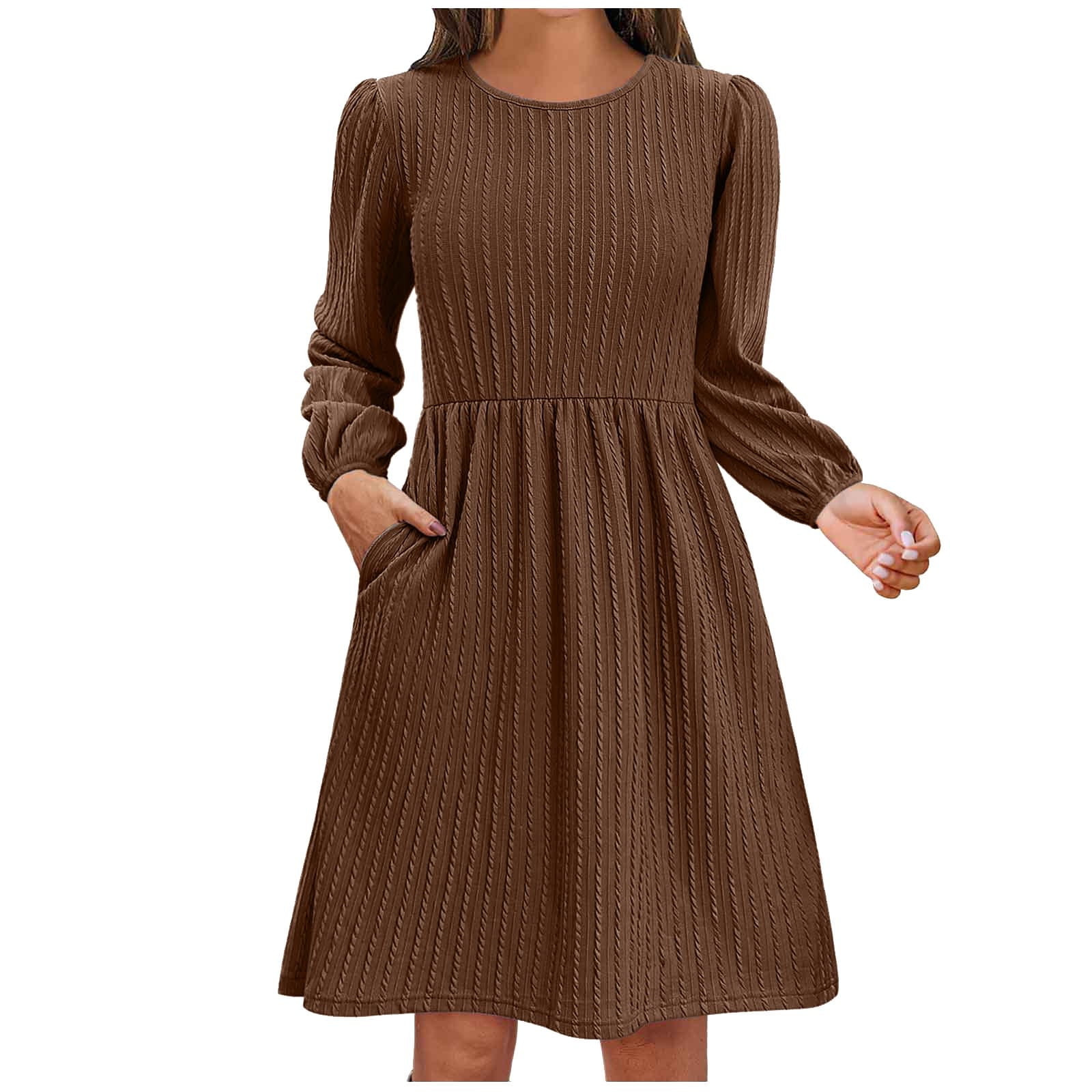 COSFO Casual Fall Dresses for Women Crew Neck Brown Solid Long Sleeve Midi Dresses A-Line Flowy C... | Walmart (US)