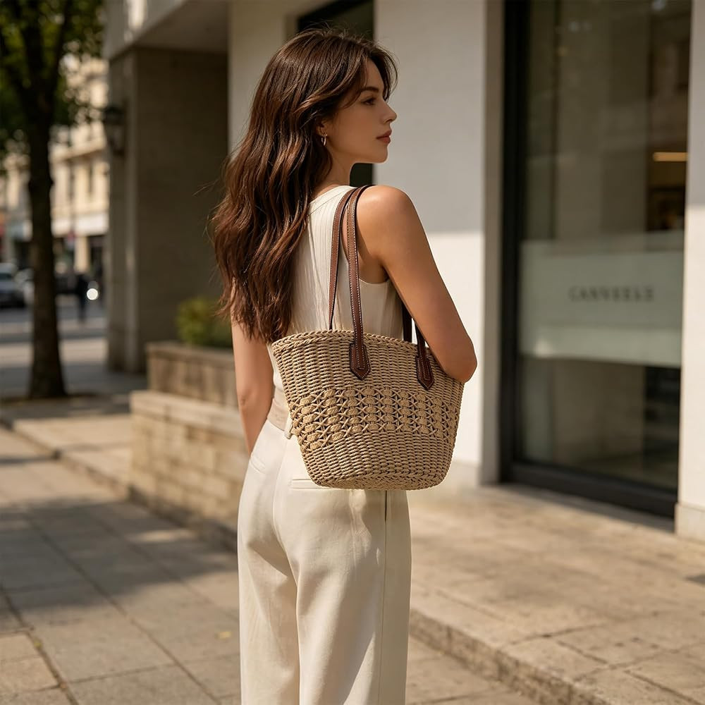 Straw Tote Bag Woven Beach Bag for Women, Large Capacity Summer Shoulder Leather Handles Boho Han... | Amazon (US)