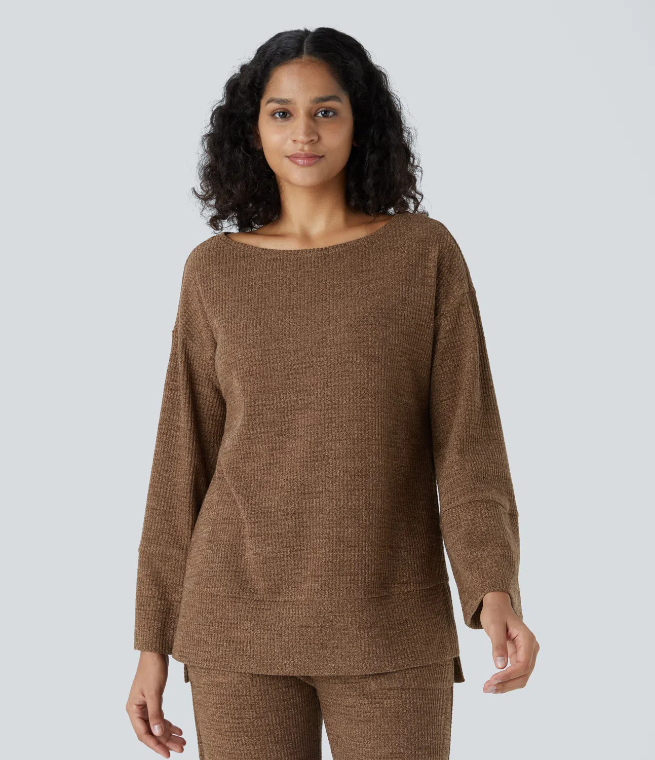 Women’s Boat Neck Long Sleeve Split High Low Knit Waffle Casual Top - Halara | HALARA