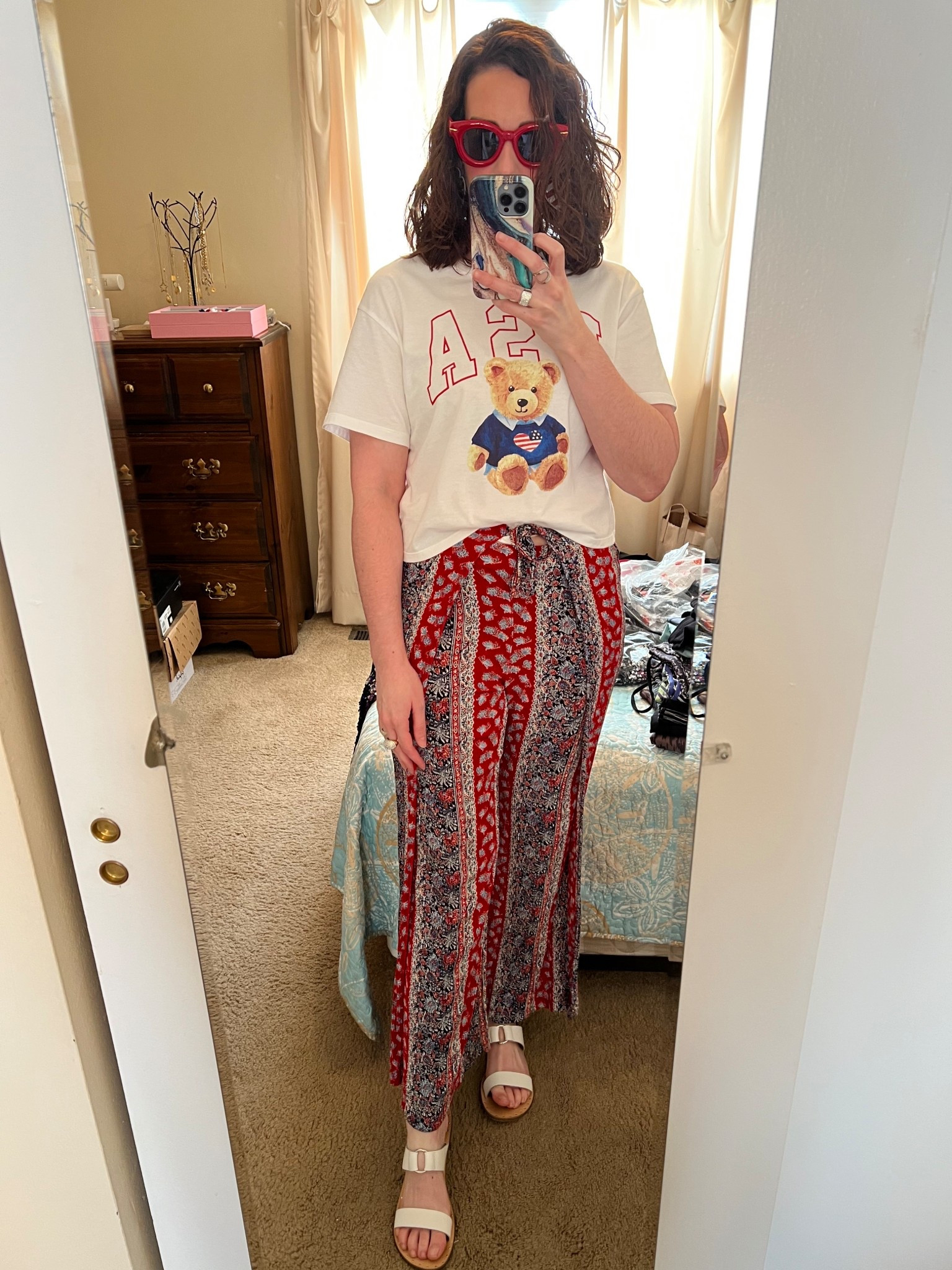 USA bear graphic t-shirt (small). Red white and blue drawstring pants (small). White sandals (8.5). #tshirt #graphictshirt #usatshirt #drawstringpants #flowypants #pants #sandals #whitesandals #fourthofjuly #fourthofjulyoutfit #summeroutfit Sandals
Fourth of July

#LTKStyleTip #LTKSeasonal #LTKFindsUnder100