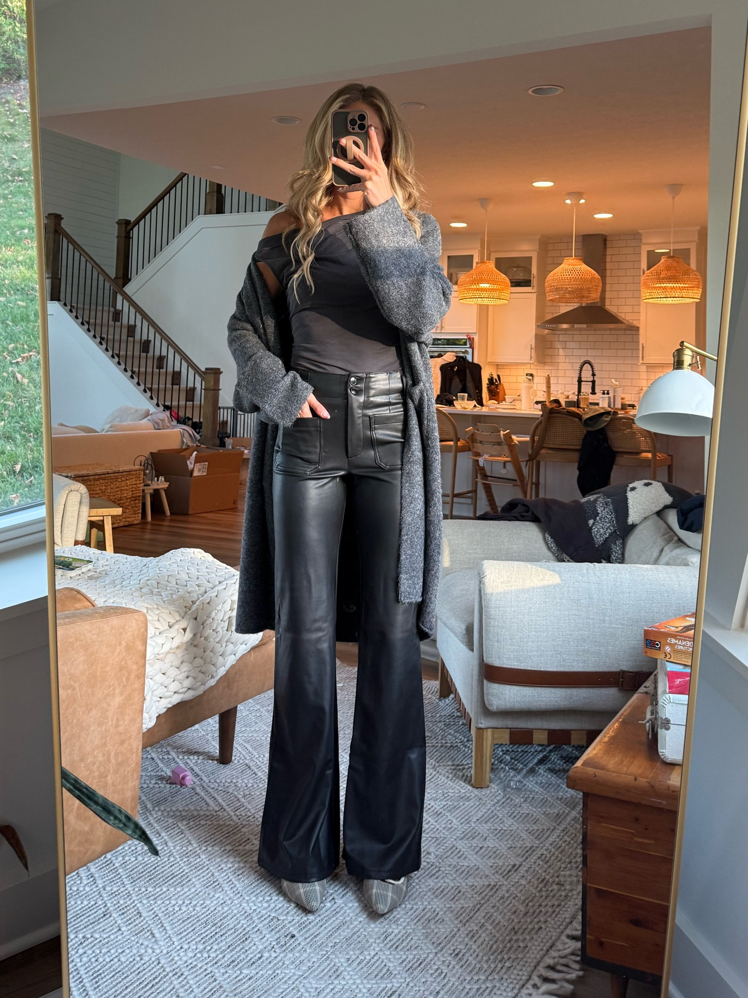 Anthropologie tall girl friendly finds! 
Wearing 27 tall in faux leather pants and small in top. Pants are stretchy and run tts
