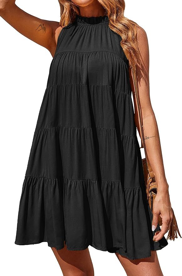 Okiwam Women's Summer Casual Sleeveless Halter Dress Ruffle Tiered Flowy Short Dress Loose Swing ... | Amazon (US)
